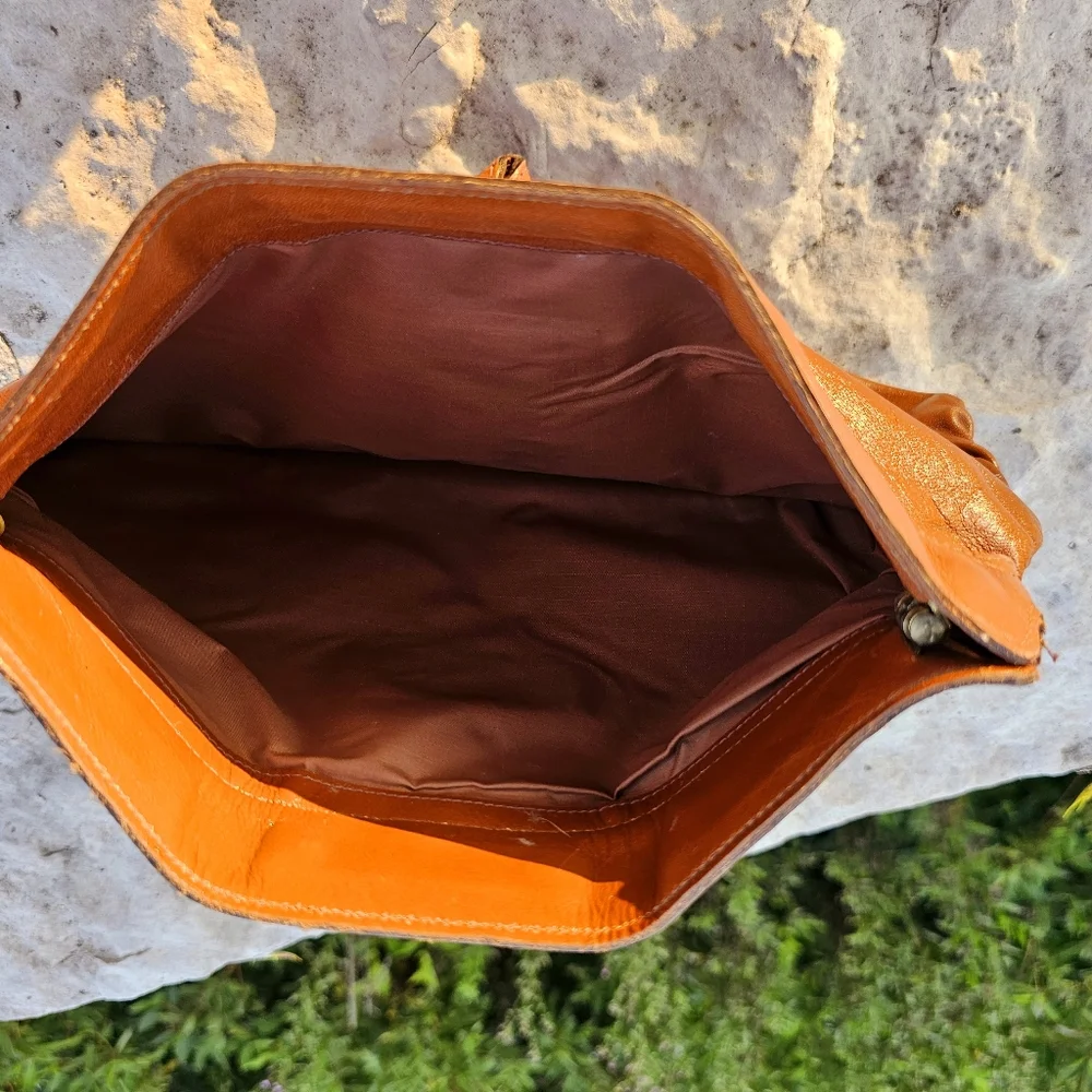 Vintage 1970s Phillippe brown leather fold over clutch bag purse luxury craftman - Picture 3 of 10